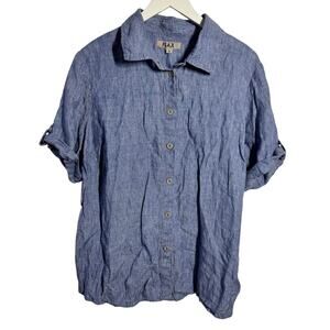 Flax 100% Linen Button Up Shirt Top Women L Blue Lagenlook Minimal Coastal Vacay